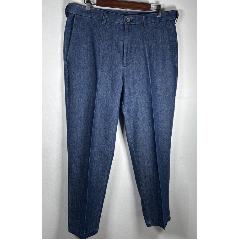 Haggar Classic Fit Stretch Denim Pants 36x30 Blue Business Casual Flat Front